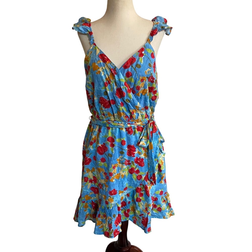 LC Lauren Conrad Summer Picnic Blue Red Floral Faux‎ Wrap Ruffle Dress M EUC - Picture 3 of 16